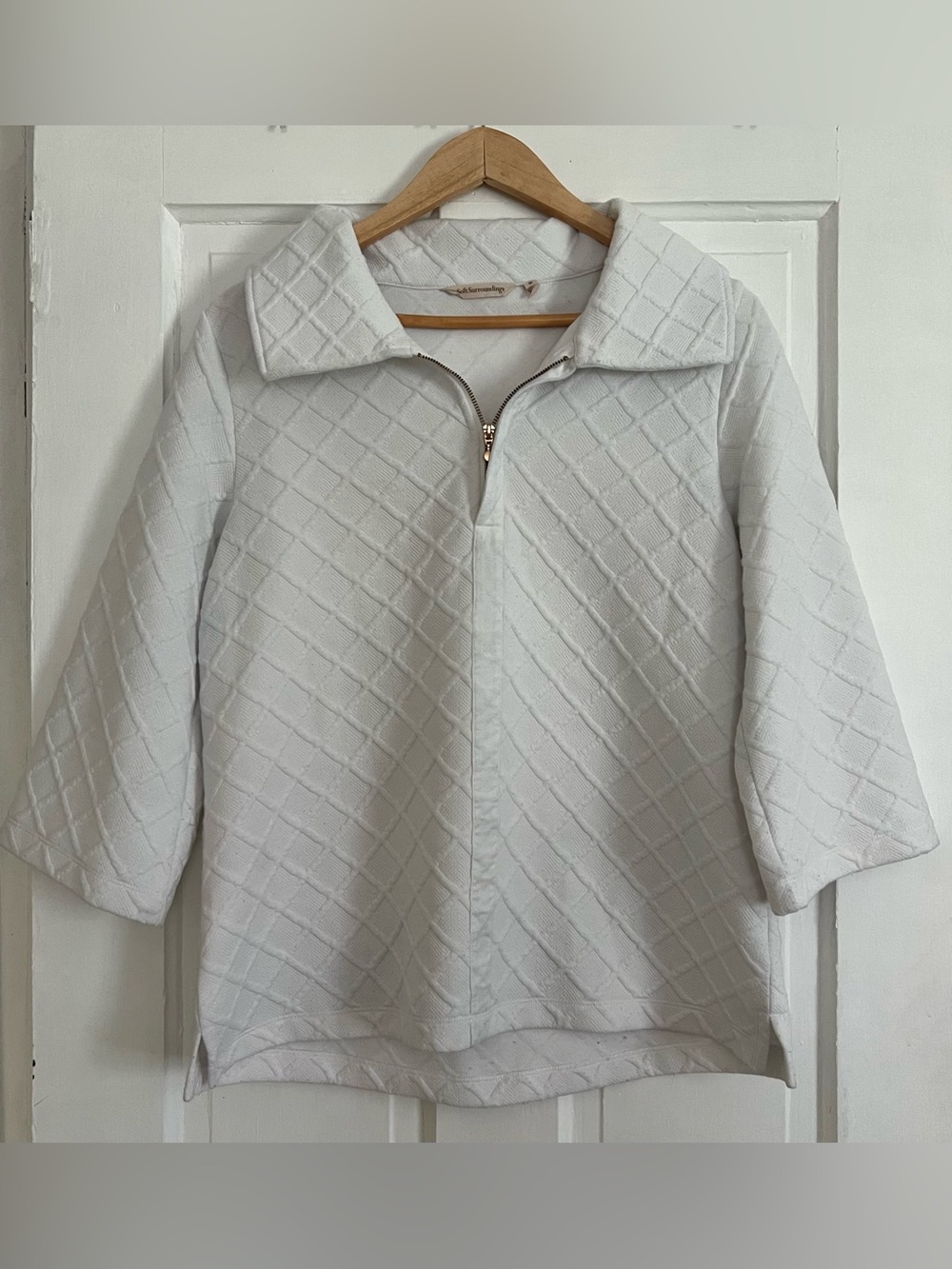 Soft Surroundings White Dorothy Windowpane Johnny Collar Top Size Medium